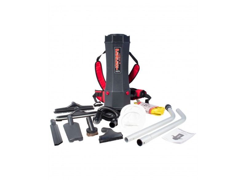 Back Pack Vacuum - 2.4gal (10 L) Tank Capacity - HEPA Filtration - with Accessories - Integrated Electric Outlet - Perfect  P1001