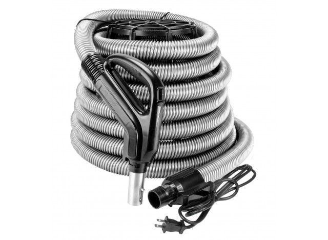 Electrical Hose for Central Vacuum - 30' (9 m) - Silver - Ergonomic Handle with Foam Grip and 360° Swivel - 110 Volt On/Off Button - Power Nozzle Compatible - Button Lock
