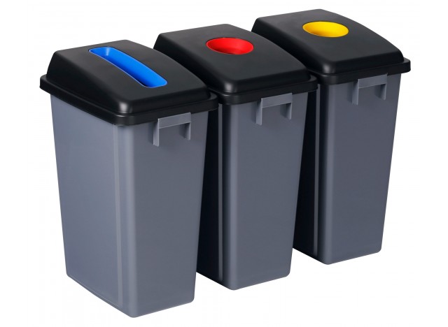 Recycling Station - 3 Bins - Sorting by Color - Capacity of 13.2 gal  (60 L) Each - Grey