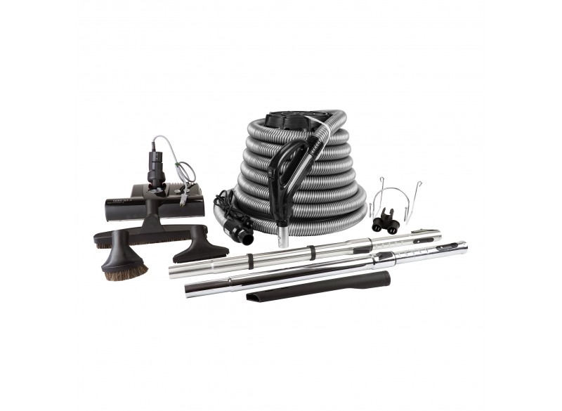 Ensemble pour aspirateur central - boyau électrique 35' argent - balai électrique SEBO - brosse à plancher - brosse à épousseter - brosse pour meubles - outil de coins - 2 manchons télescopiques - supports pour boyau et outils - NOIR
