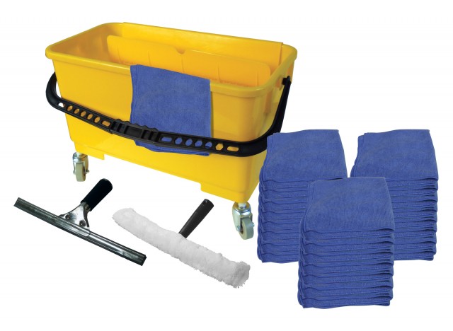 Ensemble pour lavage de vitres - seau avec mouilleur et raclette 14" plus 25 chiffons microfibres
