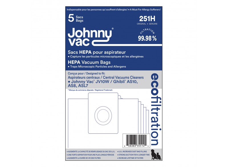 Sac microfiltre HEPA pour aspirateur Johnny Vac modèles JV10W et  Ghibli AS10, ASL7, AS8 - paquet de 5 sacs