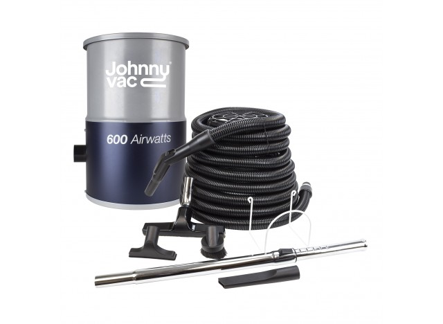 Aspirateur central Johnny Vac - JV600C30 - silencieux - compact - 600 watts-air - capacité de 3 gal (12 L) - support mural - sac HEPA - filtre mousse - boyau de 30' (9 m) - kit d'accessoires