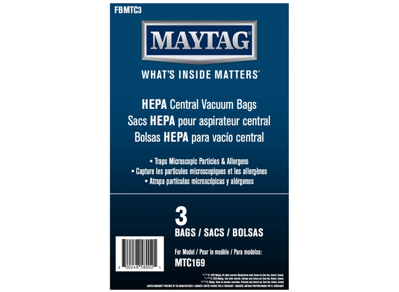 Sacs microfiltre HEPA pour aspirateur central Maytag® conçu pour MTC169 - paquet de 3 sacs - Maytag FBMTC3