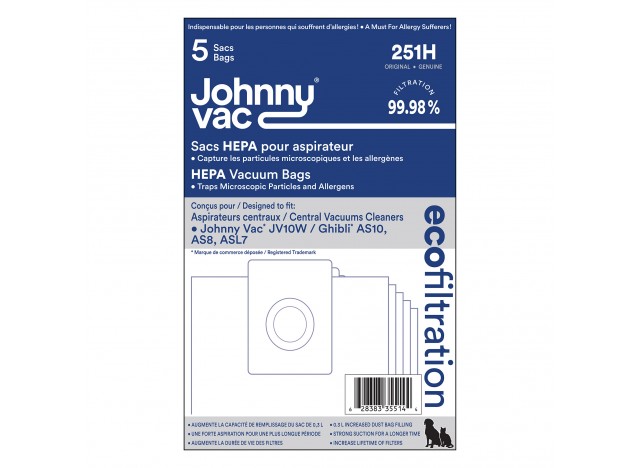 Sac microfiltre HEPA pour aspirateur Johnny Vac modèles JV10W et  Ghibli AS10, ASL7, AS8 - paquet de 5 sacs