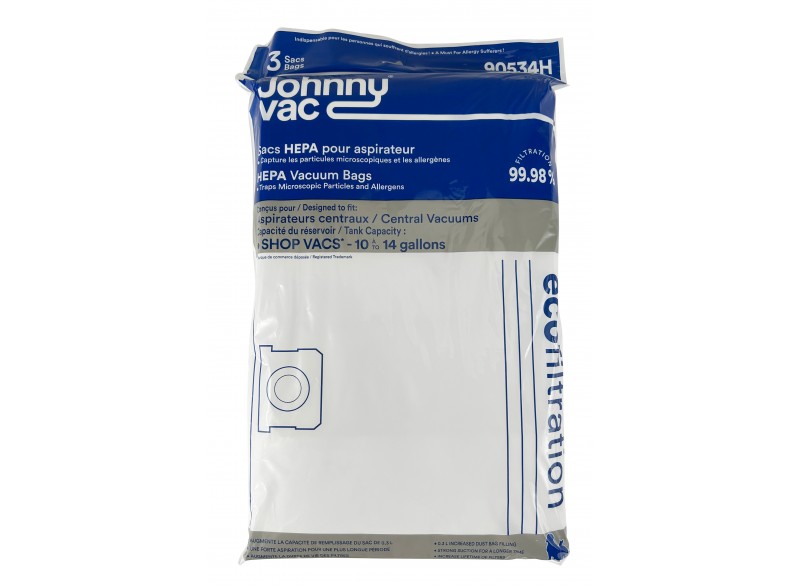 Sac microfiltre HEPA pour aspirateur Shop Vac avec capacité du réservoir de 45.5 L à 63,6 L (10 à 14 gallons) - paquet de 3 sacs - 90672