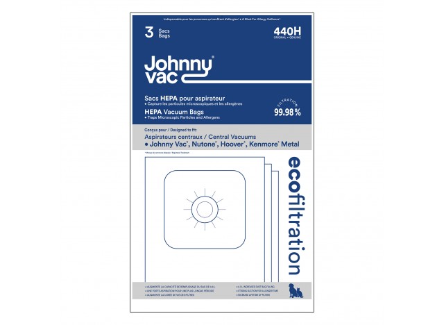 Sac microfiltre HEPA pour aspirateurs central Johnny Vac, Rhinovac, Nutone, Hoover, Kenmore et bien d'autres marques - paquet de 3 sacs