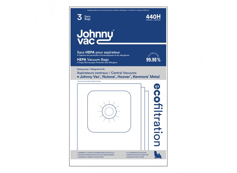 Sac microfiltre HEPA pour aspirateurs central Johnny Vac, Rhinovac, Nutone, Hoover, Kenmore et bien d'autres marques - paquet de 3 sacs