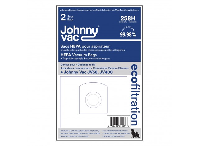 Sacs microfiltre HEPA pour aspirateur Johnny Vac modèles JV400 et JV58 - paquet de 2 sacs