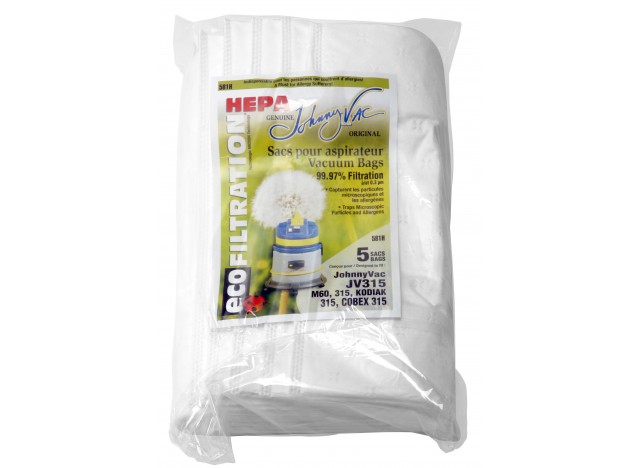 Sac microfiltre HEPA pour aspirateur Johnny Vac JV315 et M60, 315 Kodiak 315, Cobex 315 - paquet de 5 sacs