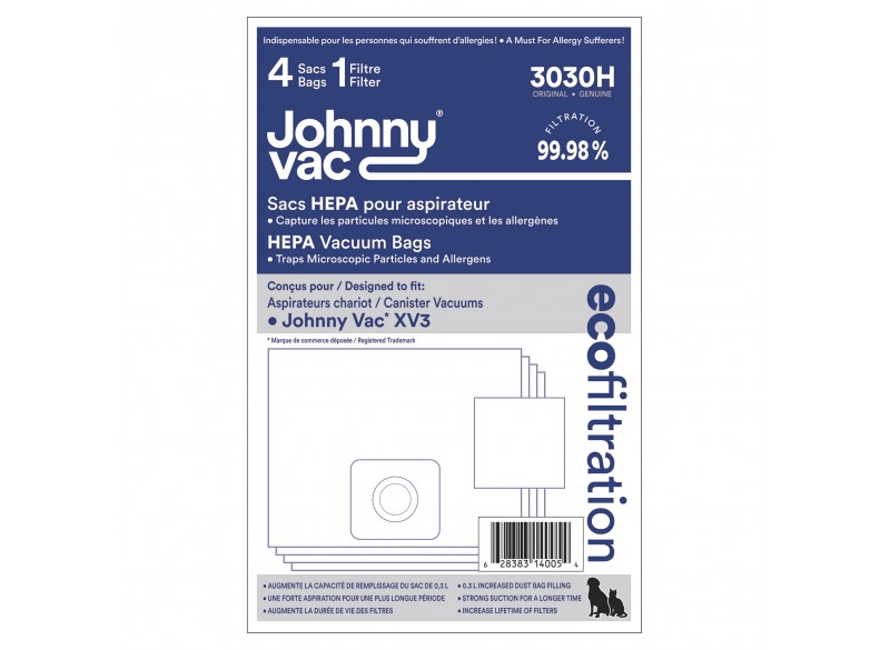 HEPA Microfilter Bag for Johnny Vac XV-3 Canister Vacuum - Pack of 4 Bags + 1 Filter