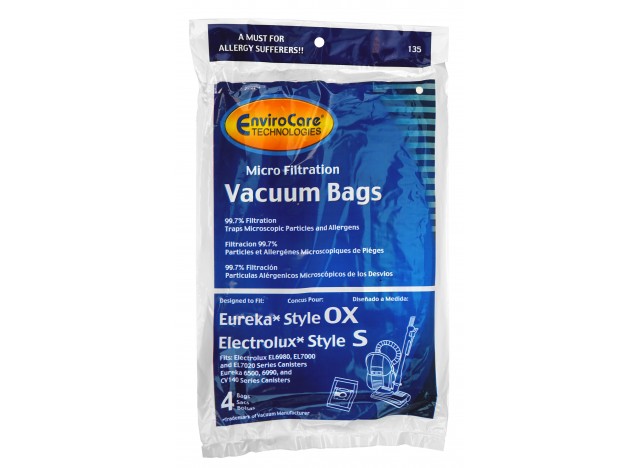 Microfilter Vacuum Bag for Electrolux Style S, Eureka Style OX - Harmony - Oxygen - Pack of 4 Bags - Envirocare 135