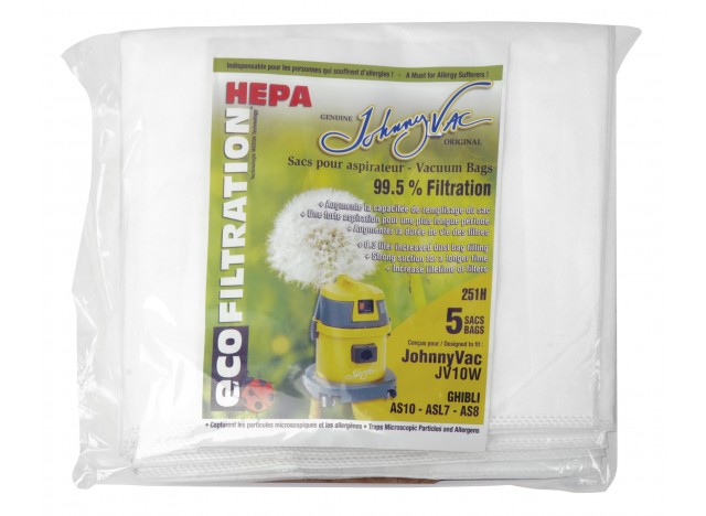 Sac microfiltre HEPA pour aspirateur Johnny Vac modèles JV10W et  Ghibli AS10, ASL7, AS8 - paquet de 5 sacs