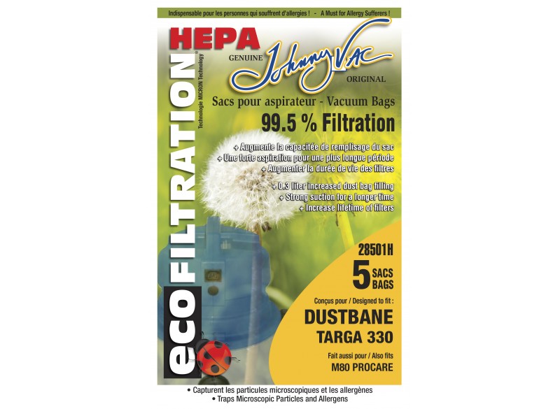 HEPA Microfilter Bag for Dustbane Targa 330 Vacuum and M80 Procare - Pack of 5 Bags