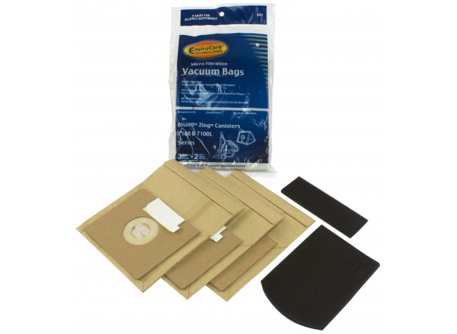 Paper Bag for Bissell Zing 7100 and 7100L Vacuum - Pack of 3 Bags + 2 Filters - Envirocare 842