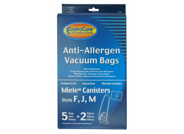 HEPA Microfiltration Bag for Miele Type  F, J and M Canister Vacuum - Pack of 5 Bags + 2 Filters - Envirocare  C205