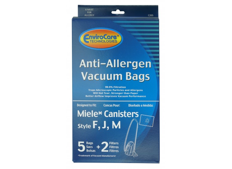 HEPA Microfiltration Bag for Miele Type  F, J and M Canister Vacuum - Pack of 5 Bags + 2 Filters - Envirocare  C205