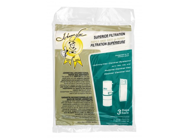 Paper Bag for Central Vacuum Johnny Vac Powerlux and Superlux, Nutone and Hoover - Pack of 3 Bags - Envirocare 505CAJV