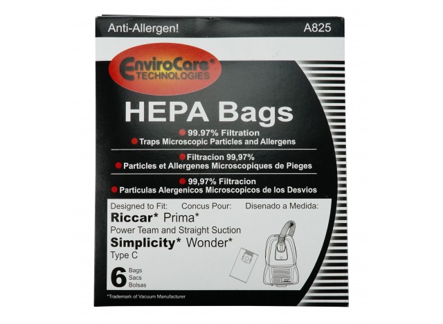 HEPA Microfiltation Bags for Riccar Prima & Simplicity Wonder Canister Vacuums - Pack of 6 Bags - Envirocare A825