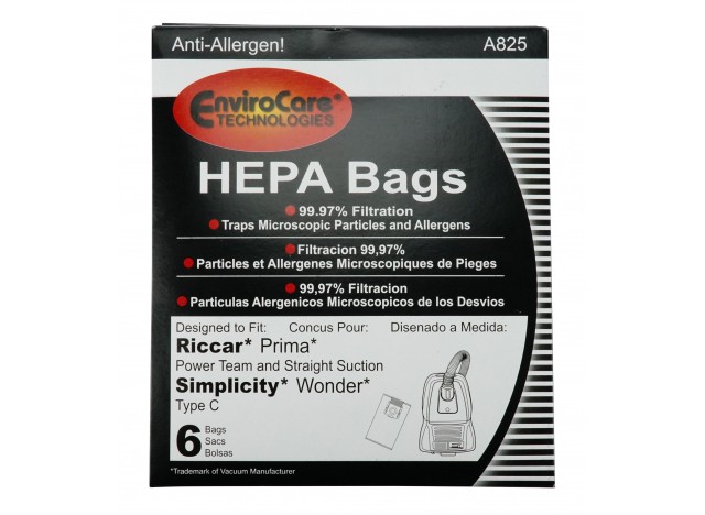 Sacs microfiltres HEPA pour aspirateurs chariots Riccar Prima et Simplicity Wonder - paquet de 6 sacs - Envirocare A825