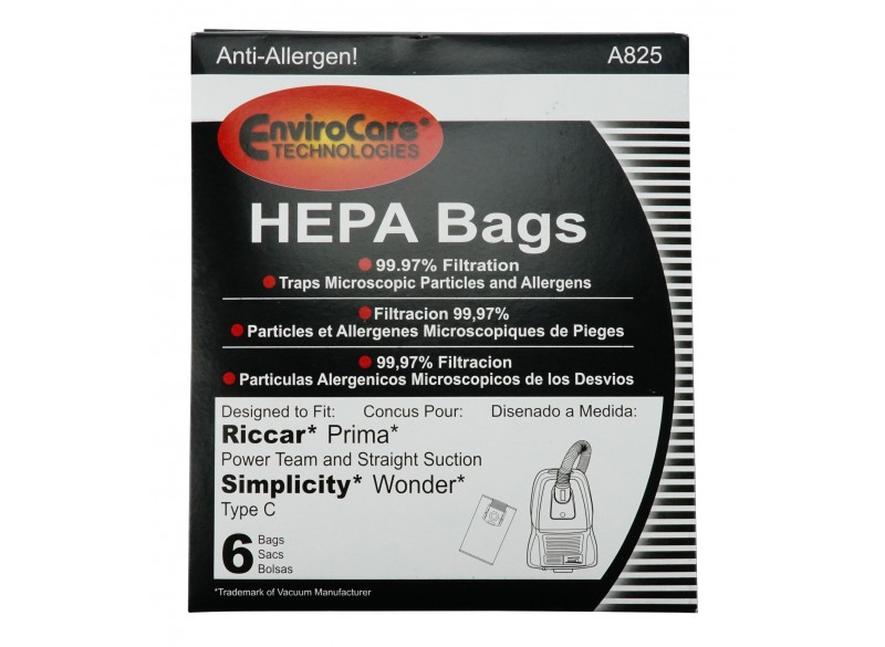 Sacs microfiltres HEPA pour aspirateurs chariots Riccar Prima et Simplicity Wonder - paquet de 6 sacs - Envirocare A825