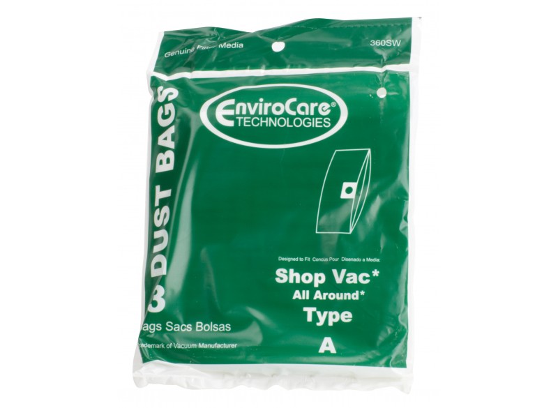 Paper Bag for Shop Vac Vacuum Type A - Tank Capacity of 1.25 gallons (5.7 L) - Pack of 3 Bags - Envirocare 360SW