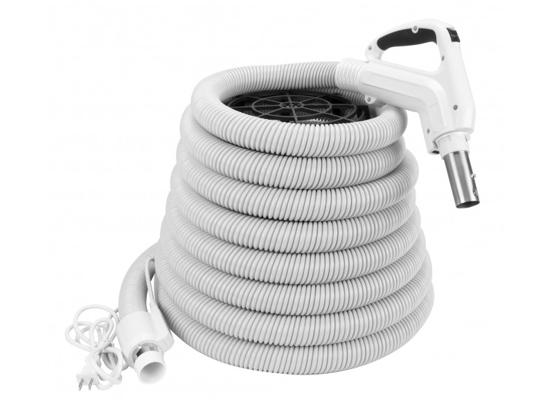 Electric Hose for Central Vacuum - 30' (9 m) - Ergonomic Handle with Foam Grip and 360° Swivel - Grey - Power Nozzle Compatible - On/Off Button - Button Lock