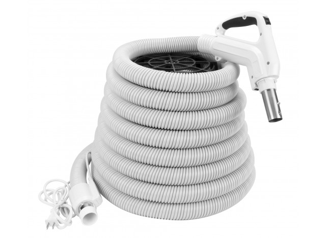 Electric Hose for Central Vacuum - 35' (10 m) - Ergonomic Handle with Foam Grip and 360° Swivel - Grey - Power Nozzle Compatible - On/Off Button - Button Lock