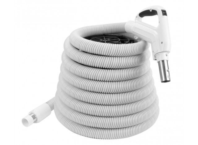 Hose for Central Vacuum - 30' (9 m) - 1 3/8" (35 mm) dia - Ergonomic Handle with Foam Grip and 360° Swivel - Grey - Button Lock - On/Off Button