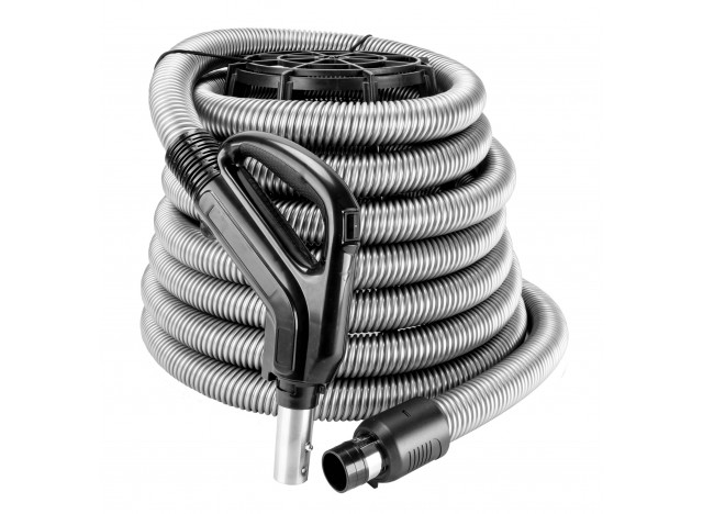 Hose for Central Vacuum - 40' (12 m) - 1 3/8" (35 mm) dia - Silver - Gas Pump Handle - On/Off Button - Button Lock