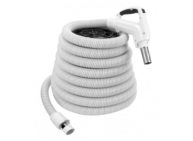 Hose for Central Vacuum - 40' (12,2 m) - Ergonomic Handle with Foam Grip and 360° Swivel - Grey - Button Lock - On/Off Button