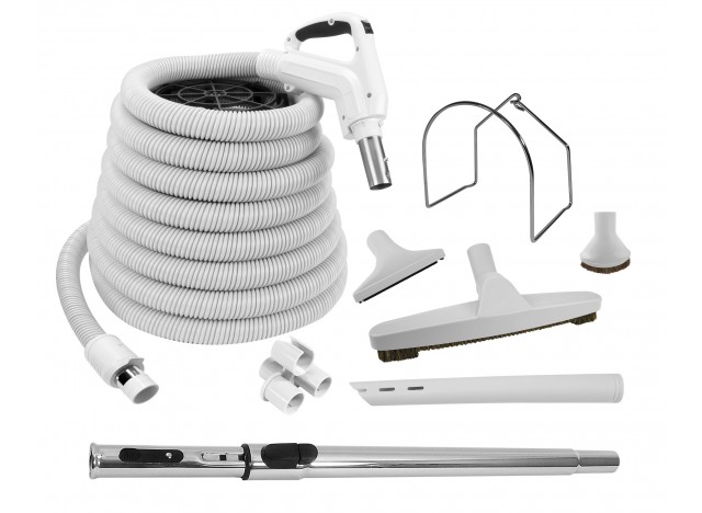 Central Vacuum Cleaner Kit - 40' (12 m) - Hose Gas Pump Handle - Floor Brush - Dusting Brush - Upholstery Brush - Crevice Tool - Telescopic Wand - Plastic Tool Caddy on Wand - Metal Hose Hanger