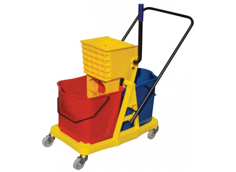 Mobile Mopping Trolley with Buckets and  Side Press Wringer - 12 gal (46 L) - Red, Blue and Yellow