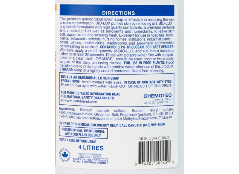 Hands Antimicrobial Liquid Soap Bio-Lux Oranger - Ready to Use - 1.06 gal (4 L) - Safeblend BIOR - Disinfectant for use against coronavirus (COVID-19)