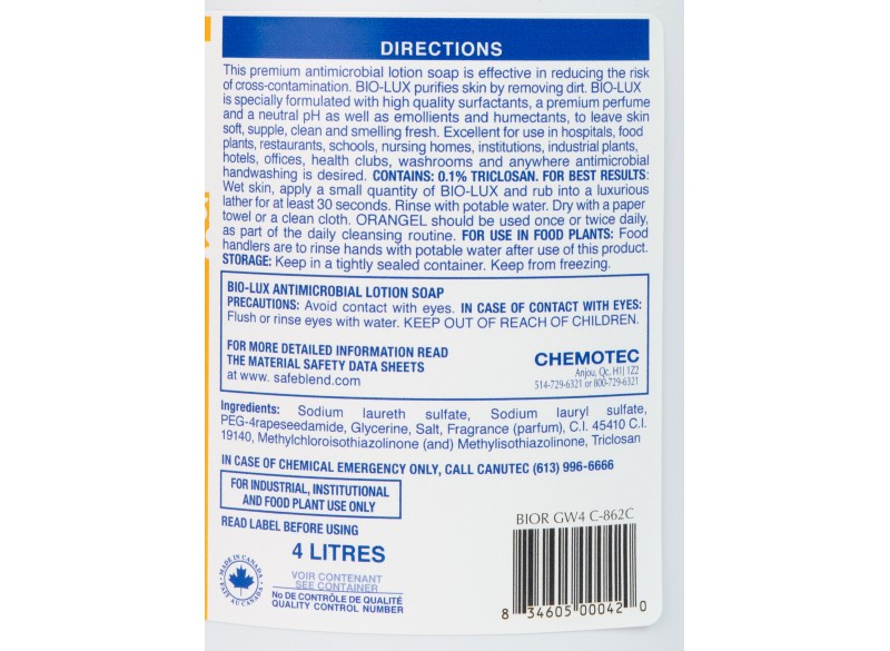 Savon liquide pour les mains antimicrobien Bio-Lux Orangel - prêt à utiliser - 4 L (1,06 gal) - Safeblend BIOR - désinfectant à utiliser contre le coronavirus (COVID-19)
