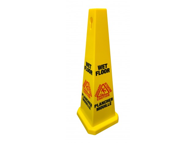 Bilingual Cone Shaped Floor Sign 36'' "CAUTION WET FLOOR" - 4-Sided Imprint - Yellow - Height (91.4 cm)