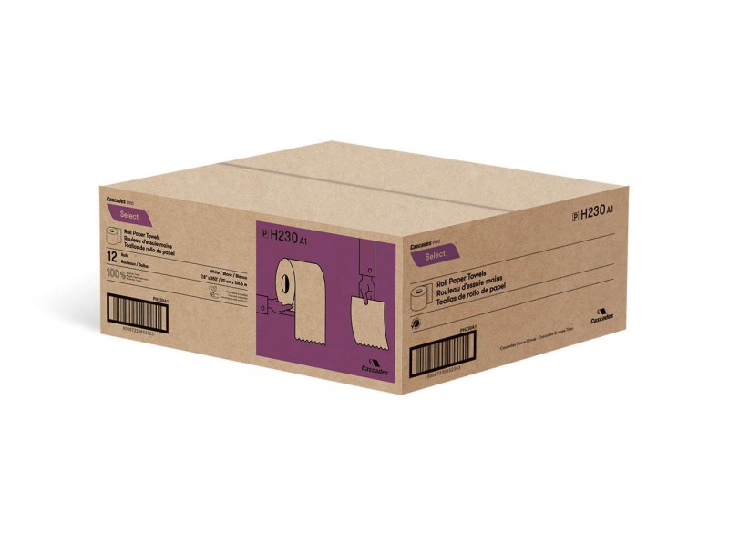 Papier essuie-mains - largeur de 20 cm (7,8") - Rouleau de 106,6 m (350') - boîte de 12 rouleaux - blanc - Cascades Pro H230