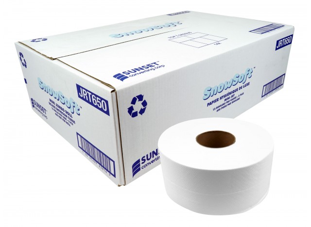 Papier hygiénique mini JRTde Snow Soft - 2.5 core - 2 plis - 12 rouleaux par caisse - 650 pieds par rouleau - fabriqué au Canada - JRT650