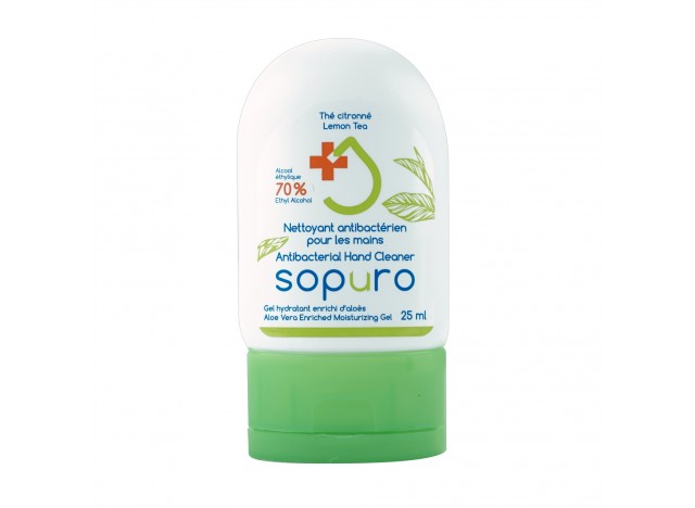 Nettoyant antibactérien pour les mains de Sopuro - fragrance de thé citronné - gel hydratant enrichi d'aloès - format de poche (25 ml)