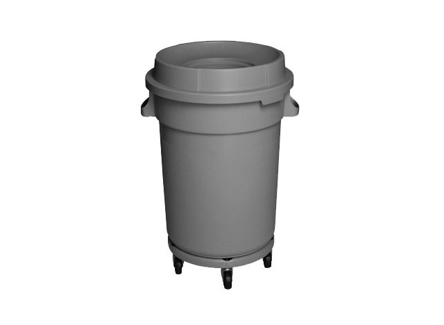 Round Trash Garbage Can Bin with Lid - Drum Dolly - 32 gal (145 L) - Grey
