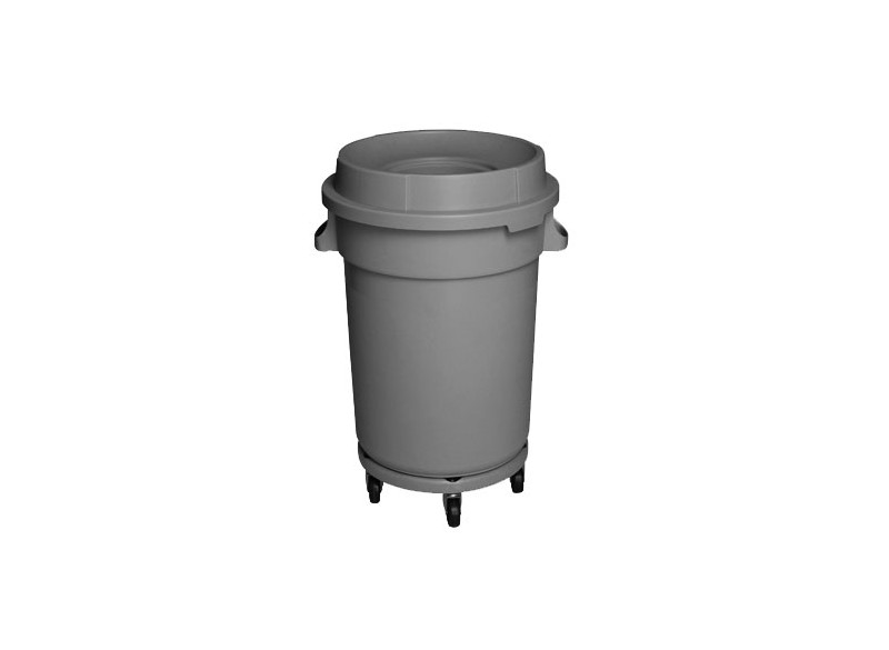 Round Trash Garbage Can Bin with Lid - Drum Dolly - 32 gal (145 L) - Grey