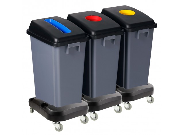 Station de recyclage - 3 poubelles - tri par couleur - capacité de 13,2 gal  (60 L) chacune - sur roues - grise