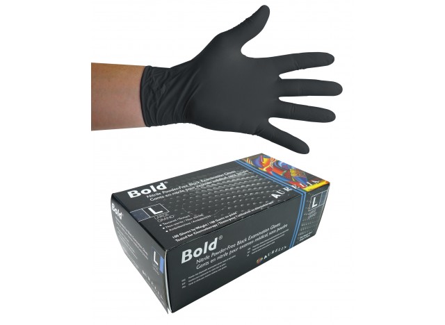 Nitrile Disposable Gloves - 5 mm - Powder-Free - Textured - Bold - Black - Large Size - Aurelia 73998 - Box of 100