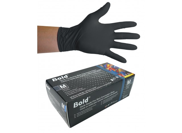 Nitrile Disposable Gloves - 5 mm - Powder-Free - Textured - Bold - Black - Medium Size - Aurelia 73997 - Box of 100