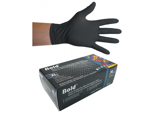 Nitrile Disposable Gloves - 5 mm - Powder-Free - Textured - Bold - Black - Extra Large Size - Aurelia 73999 - Box of 100