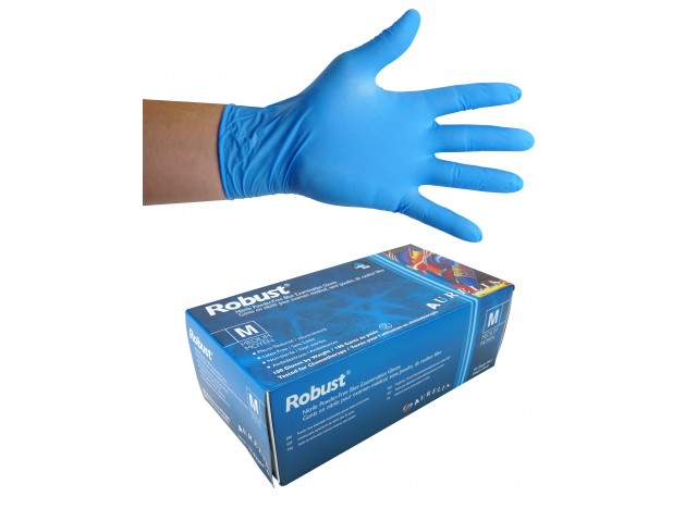 Nitrile Disposable Gloves - 5 mm - Powder-Free - Micro-Textured - Robust - Blue - Medium Size - Aurelia 93897 - Box of 100