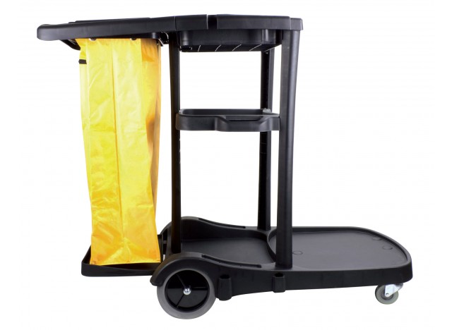 Janitor Cart with  Front Casters & Non-Marking Rear Wheels - Polyester Garbage Bag Support - 3 Shelves - Black