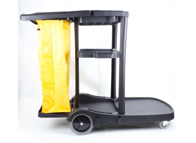 Janitor Cart with  Front Casters & Non-Marking Rear Wheels - Polyester Garbage Bag Support - 3 Shelves - Black