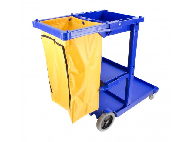 Janitor Cart with Front Casters & Non-Marking Rear Wheels - Polyester Garbage Bag Support - 3 Shelves - Blue