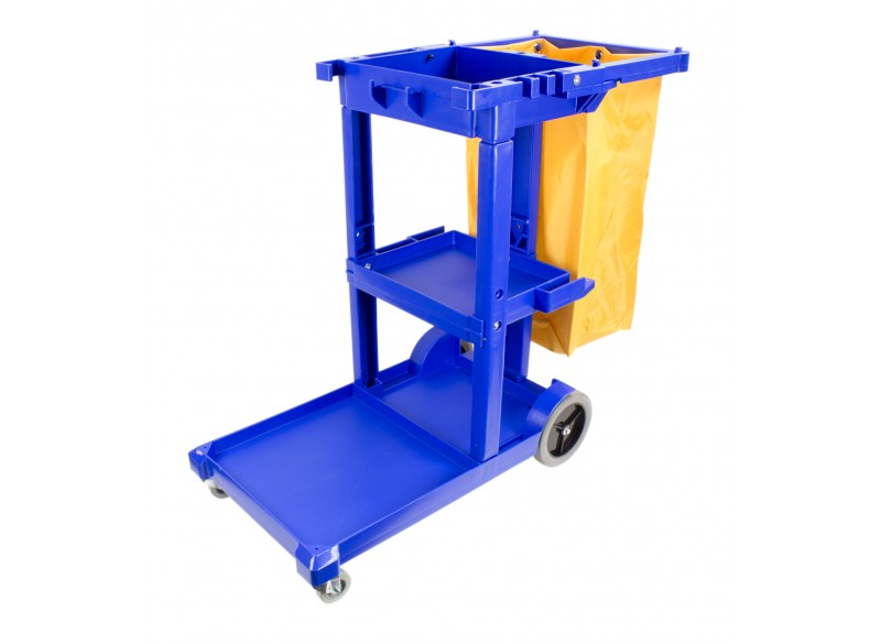 Chariot de concierge avec roues avant pivotantes et roues arrières non marquantes - support pour sac à déchets en polyester - 3 tablettes - bleu